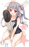  blue_hair breasts character_name cleavage fang hair_ribbon holding holding_torpedo i-19_(kantai_collection) kantai_collection komeshiro_kasu large_breasts long_hair one-piece_swimsuit open_mouth red_eyes ribbon school_swimsuit solo star swimsuit torpedo twintails 