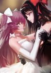  akemi_homura akuma_homura bare_shoulders black_gloves black_hair blackrabbitsoul bow dancing dress elbow_gloves gloves hair_bow hair_ribbon hairband highres holding_hands kaname_madoka long_hair magical_girl mahou_shoujo_madoka_magica mahou_shoujo_madoka_magica_movie multiple_girls pink_hair purple_eyes red_hairband ribbon smile spoilers two_side_up ultimate_madoka yellow_eyes yuri 