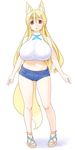  animal_ears blonde_hair breasts denim denim_shorts fox_ears fox_tail full_body highres huge_breasts kurotsuki_futon long_hair original sandals shorts solo tail 