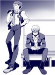  blue chinjuu_hibakichi formal hanamura_yousuke monochrome multiple_boys narukami_yuu necktie older persona persona_4 suit 