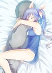  blue_hair breasts closed_eyes hair_ornament hair_ribbon hug i-19_(kantai_collection) kantai_collection long_hair lying medium_breasts on_side one-piece_swimsuit pillow ribbon school_swimsuit sleeping solo swimsuit touboku twintails 