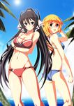  ass beach bikini black_hair blonde_hair blue_eyes blush breasts charlotte_dunois cleavage day front-tie_top high_ponytail highres infinite_stratos ka2 large_breasts long_hair looking_back lowleg lowleg_bikini medium_breasts multiple_girls navel open_mouth palm_tree ponytail shinonono_houki shiny shiny_skin split_ponytail sun swimsuit tree very_long_hair 