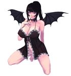  babydoll barefoot bat_wings black_babydoll black_hair bottomless breasts cleavage demon_girl full_body highres isogo_youko large_breasts long_hair no_panties open_mouth original ponytail purple_eyes saliva simple_background solo squatting succubus white_background wings 