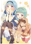  2girls :d black_legwear blue_hair blush chinese_zodiac dress green_hair hairband hands_on_own_cheeks hands_on_own_face happy_new_year horse loafers long_hair magellan_(zpolice) multiple_girls new_year open_mouth original pantyhose purple_eyes red_eyes red_legwear shoes short_hair smile spica_(zpolice) stuffed_animal stuffed_horse stuffed_toy sweater thighhighs zpolice 