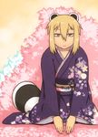  animal_ears araiguma-san blonde_hair commentary_request japanese_clothes kimono obi original raccoon_ears raccoon_tail red_eyes sash seiza short_hair sitting smile solo tail tsukudani_(coke-buta) 