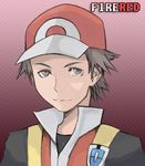  1boy brown_eyes brown_hair checker_pattern hat highres jacket pokemon pokemon_fire_red pokemon_origin red red_(pokemon) red_(pokemon)_(remake) red_hat smile 