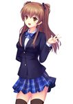  :d black_legwear blazer bow brown_eyes brown_hair highres jacket long_hair ogiso_setsuna open_mouth school_uniform skirt smile solo thighhighs two_side_up white_album_2 yongheng_zhi_wu 