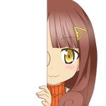  :3 aoki_hagane_no_arpeggio blush brown_hair eyebrows_visible_through_hair hair_ornament hairclip hiding hyuuga_(aoki_hagane_no_arpeggio) labcoat long_hair looking_at_viewer monocle nagineko orange_shirt peeking_out personification ribbed_sweater shirt smile solo sweater transparent_background yellow_eyes 