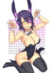  animal_ears bare_shoulders black_legwear breasts bunny_ears bunny_tail bunnysuit cleavage dots eyepatch fang grin high_heels kantai_collection large_breasts sitting smile solo tail tenryuu_(kantai_collection) thighhighs wariza wide_hips wrist_cuffs yellow_eyes yuuji_(and) 