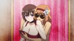  2girls animated animated_gif araki_mataemon bikini blue_eyes blush breast_grab breasts brown_hair choker cleavage dark_skin grabbing hair_ornament headband hyakka_ryouran_samurai_bride hyakka_ryouran_samurai_girls large_breasts long_hair multiple_girls orange_hair purple_eyes short_hair sunglasses swimsuit tears tokugawa_sen yuri 