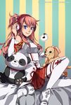  asuna_(sao) breastplate detached_sleeves dog finni_chang headphones long_hair musical_note pink_hair pleated_skirt ponytail puppy skirt smile stuffed_animal stuffed_toy sword_art_online teddy_bear thighhighs white_legwear 