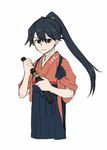  black_hair hakama houshou_(kantai_collection) japanese_clothes kantai_collection kimono knife long_hair pleated_skirt ponytail skirt solo tasuki torinone 