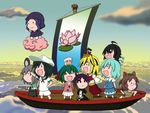  6+girls :d ^_^ aircraft airship animal_ears animal_print asymmetrical_wings beard bendy_straw bishamonten's_pagoda black_dress black_hair blonde_hair blue_hair boat brown_eyes capelet chibi chibi_on_head closed_eyes cloud commentary dowsing_rod dress drinking_straw facial_hair fang flower flying futatsuiwa_mamizou gem glasses gradient_hair green_hair grey_hair hair_ornament hijiri_byakuren hood houjuu_nue jewelry kasodani_kyouko kiseru kumoi_ichirin layered_dress lily_white lotus mouse_ears mouse_tail multicolored_hair multiple_girls murasa_minamitsu nazrin necklace on_head open_mouth pendant pince-nez pipe purple_hair raccoon_ears raccoon_tail rakugaki-biyori sail sailboat sailor shirt shorts sitting skirt sky smile solid_circle_eyes tail tatara_kogasa tiger_print toramaru_shou touhou unzan watercraft white_dress wings 