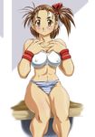  :c abs artist_request blush bra breasts brown_eyes brown_hair covered_nipples highres izumo_ryoko large_breasts muscle one_side_up panties short_hair sitting snk solo sports_bra striped striped_panties thick_thighs thighs underwear underwear_only world_heroes wristband 