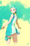  aqua_hair collar dress eureka eureka_seven eureka_seven_(series) hair_ornament hairclip kobayashi_yuuji looking_back purple_eyes short_hair smile solo thigh_strap 