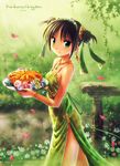  bare_shoulders black_hair blush cake china_dress chinese_clothes double_bun dress food garden green_dress green_eyes holding kankurou looking_at_viewer nature original outdoors plate short_hair side_slit solo standing 