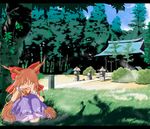  bad_id bad_pixiv_id barefoot forest grass hair_ribbon horns ibuki_suika letterboxed long_hair nature nejime orange_hair ribbon setsubun shrine sitting solo stone_lantern tears torn_clothes touhou tree 