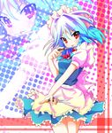  blue_hair braid colorized gradient_hair halftone halftone_background highres izayoi_sakuya knife licking maid miko_machi multicolored_hair nanamomo_rio purple_hair solo tongue touhou twin_braids zoom_layer 