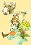  blonde_hair boots duskull eevee gen_1_pokemon gen_2_pokemon gen_3_pokemon ghost hat highres ivysaur long_hair magnemite open_mouth pokemon pokemon_(creature) red_eyes shou_shishi simple_background skiploom 