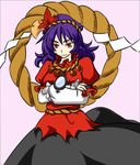  hair_ornament leaf_hair_ornament mirror purple_hair red_eyes rope shimenawa short_hair solo touhou wabi_(wbsk) yasaka_kanako 