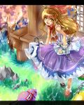  :d bare_shoulders blue_skirt bottle bow bowtie building cherry_blossoms field full_body grass hair_bow hikariz horns ibuki_suika looking_at_viewer oni open_mouth plant red_bow red_neckwear rock shrine skirt sliding_doors smile solo standing touhou tree 
