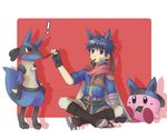  1boy animal_ears blue_eyes blue_hair blush cape fire_emblem fire_emblem:_souen_no_kiseki food gen_4_pokemon gloves headband ike kirby kirby_(series) lucario pocky pokemon pokemon_(creature) red_eyes sebun super_smash_bros. 