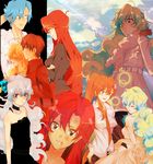  2girls bad_id bad_pixiv_id belt blazer blue_hair choker curly_hair dress gloves jacket kamina kiui long_hair multicolored_hair multiple_boys multiple_girls multiple_persona nia_teppelin ponytail red_hair school_uniform short_hair simon tengen_toppa_gurren_lagann trench_coat wedding_dress yoko_littner 