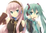  bad_id bad_pixiv_id blue_eyes breasts detached_sleeves flat_chest green_hair hatsune_miku headphones hijiki_(hijikini) large_breasts long_hair megurine_luka multiple_girls necktie pink_hair twintails vocaloid 