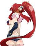  ass back belt bikini_top breasts fingerless_gloves flat_ass glasses gloves hair_ornament long_hair looking_back medium_breasts meiro_(yuu) pink_legwear ponytail red_hair scarf shorts sideboob solo tengen_toppa_gurren_lagann thighhighs yoko_littner 