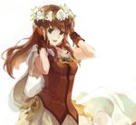  blue_eyes brown_hair fire_emblem fire_emblem:_akatsuki_no_megami flower gloves hair_tubes hanakago long_hair mist_(fire_emblem) smile solo 