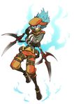  .hack//link 1boy aqua_hair artist_request azure_kite bandages belt blade crazy_eyes dual_wielding fire hat holding long_hair male_focus official_art solo staring stitches strap tattoo 