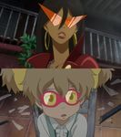  brown_hair cosplay dark_skin earrings fake_screenshot goggles hatchin_morenos hoop_earrings jewelry kamina kamina_(cosplay) kamina_shades michiko_malandro michiko_to_hacchin multiple_girls parody simon simon_(cosplay) sunglasses tengen_toppa_gurren_lagann third-party_edit twintails 