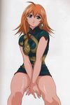  absurdres ahoge artist_request breasts china_dress chinese_clothes dress earrings green_eyes highres ikkitousen jewelry large_breasts leaning_forward magatama magatama_earrings orange_hair scan scan_artifacts sitting smile solo sonsaku_hakufu 