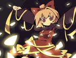  arms_up azuma_seiji blonde_hair blush bow dress hair_bow kurodani_yamame long_sleeves looking_at_viewer outstretched_arms red_bow red_dress short_hair solo tareme touhou 