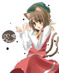  animal_ears blush brown_eyes brown_hair cat_ears cat_tail chen hat multiple_tails paw_pose prelld short_hair solo tail touhou 