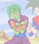  1girl antennae blush dragon_ball earrings fang genderswap genderswap_(mtf) green_hair green_skin jewelry lowres non-web_source oekaki piccolo red_eyes son_gokuu yozora 