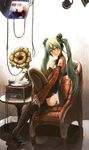  blue_nails boots cable china_dress chinese_clothes detached_sleeves dress green_eyes green_hair hatsune_miku headphones highres lace legs long_hair megurine_luka motsu_rebaa nail_polish phonograph sitting smile solo tattoo television thigh_boots thighhighs twintails vocaloid water zipper 