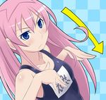  army_(moe_moe_niji_taisen_ryaku) blue_eyes blush checkered directional_arrow dutch_angle embarrassed flat_chest frown hands long_hair lowres m26_pershing maruto! moe_moe_niji_taisen_ryaku one-piece_swimsuit pink_hair school_swimsuit solo sweatdrop swimsuit twintails very_long_hair 