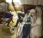  1girl animal bad_id bad_pixiv_id bandana blazer blue_hair blush book bow bowtie cabbie_hat couch couple cup dog eyewear_removed from_above glasses hat hetero hug jacket kazuki_(kazu-king) kiss lap_pillow narukami_yuu pants persona persona_4 reclining room shirogane_naoto short_hair sunlight teacup thigh_gap vest welsh_corgi 