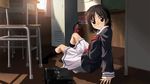  arm_support bad_id bad_pixiv_id bag black_eyes brown_hair chair fire_extinguisher kneehighs ojiri_shin'ya on_floor original school school_bag school_uniform serafuku short_hair sitting skirt smile socks solo sunlight 