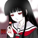  artist_request bangs black_hair black_serafuku blunt_bangs cherry enma_ai food fruit hime_cut jigoku_shoujo long_hair red_eyes school_uniform serafuku solo 