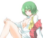  ascot blush breasts cleavage covered_nipples green_hair hane_(hanegoya) kazami_yuuka legs medium_breasts no_bra open_clothes open_shirt plaid plaid_vest red_eyes seductive_smile shirt short_hair simple_background smile solo touhou untied vest white_background 