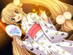  blonde_hair brown_eyes dutch_angle fan fang hair_bobbles hair_ornament japanese_clothes kimono kodomo_no_jikan kokonoe_rin long_hair non-web_source open_mouth paper_fan smile solo twintails uchiwa yukata 