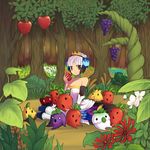  apple bad_id bad_pixiv_id brown_eyes choker dress eating food fruit grapes gwendolyn highres momoyama_nozomu odin_sphere solo strapless strapless_dress white_hair 