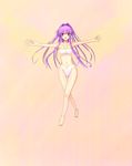  barefoot bikini clannad cosplay fujibayashi_kyou highres hirohashi_ryou kaleido_star leotard long_hair purple_eyes purple_hair seiyuu_connection solo swimsuit sylphy thigh_gap 