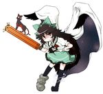  animal arm_cannon black_hair flying full_body golden_pe_done kaenbyou_rin kaenbyou_rin_(cat) long_hair looking_at_viewer red_eyes reiuji_utsuho simple_background solo thighhighs touhou very_long_hair weapon white_background wings 