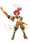  .hack//g.u. .hack//link 1girl antenna_hair armband artist_request boots choker midriff navel official_art orange_eyes platform_footwear pointing red_hair short_hair smile solo sword weapon yowkow_(.hack//) 