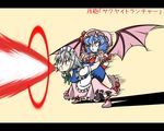  aura bat_wings beam blue_hair hair_ribbon hat izayoi_sakuya letterboxed maid multiple_girls red_eyes remilia_scarlet ribbon short_hair silver_hair touhou translated wabi_(wbsk) wings 