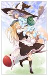  apron backpack bag blonde_hair blue_hair boots bow braid broom buriki dress hat headwear_switch hug kawashiro_nitori key kirisame_marisa long_hair mimi-chan missile multiple_girls open_mouth ribbon rocket screw skirt smile star touhou touhou_(pc-98) twintails two_side_up witch witch_hat yuri 