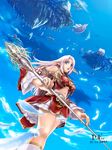  aircraft airship armor bird blue_eyes city cloud crystal d.k. elf elf_(lineage_2) feathers floating_city floating_island floating_rock flying frills highres lineage lineage_2 long_hair midriff navel pink_hair pointy_ears ship solo staff watercraft 